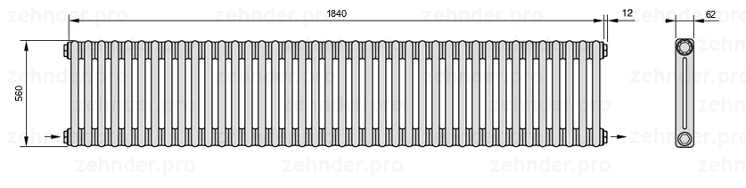 Схема (чертеж) Радиатор Zehnder Charleston 2056/40 №2670 Белый глянцевый RAL 9016